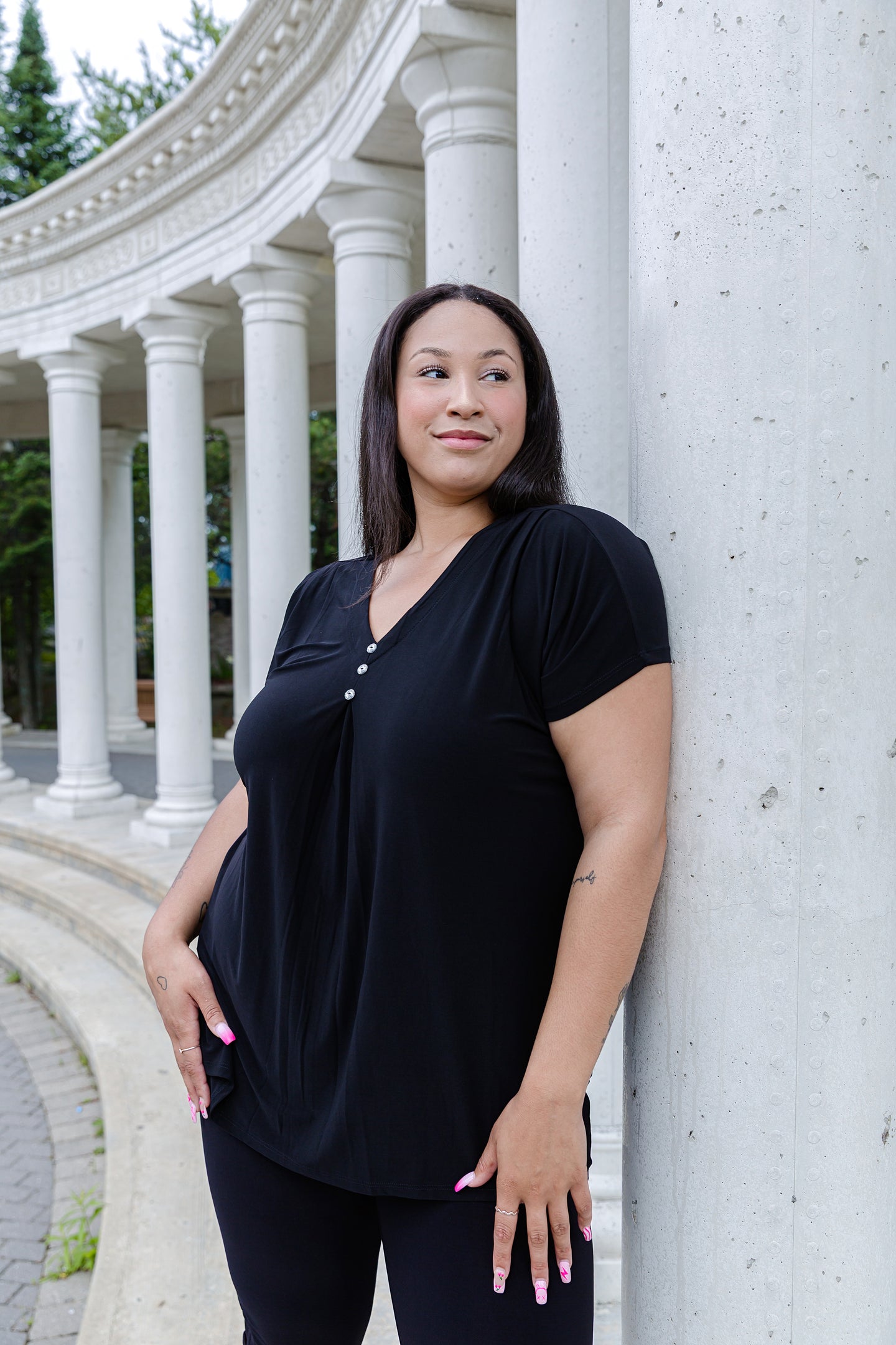 Black LABB Clothing | BL45 Black Draped Short Sleeve Top with Buttons
