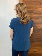 Load image into Gallery viewer, Black LABB | Denim Blue Draped Short Sleeve Top with Buttons
