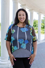 Load image into Gallery viewer, Black LABB Clothing | BL105-222 Aqua Stripe Curved Hem Mesh Top

