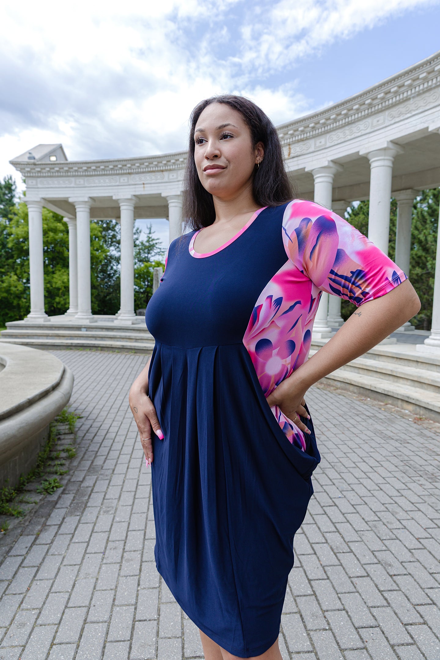 Black LABB Clothing | BL107-227 Luscious Pink Navy Pocketed Dress with Inset