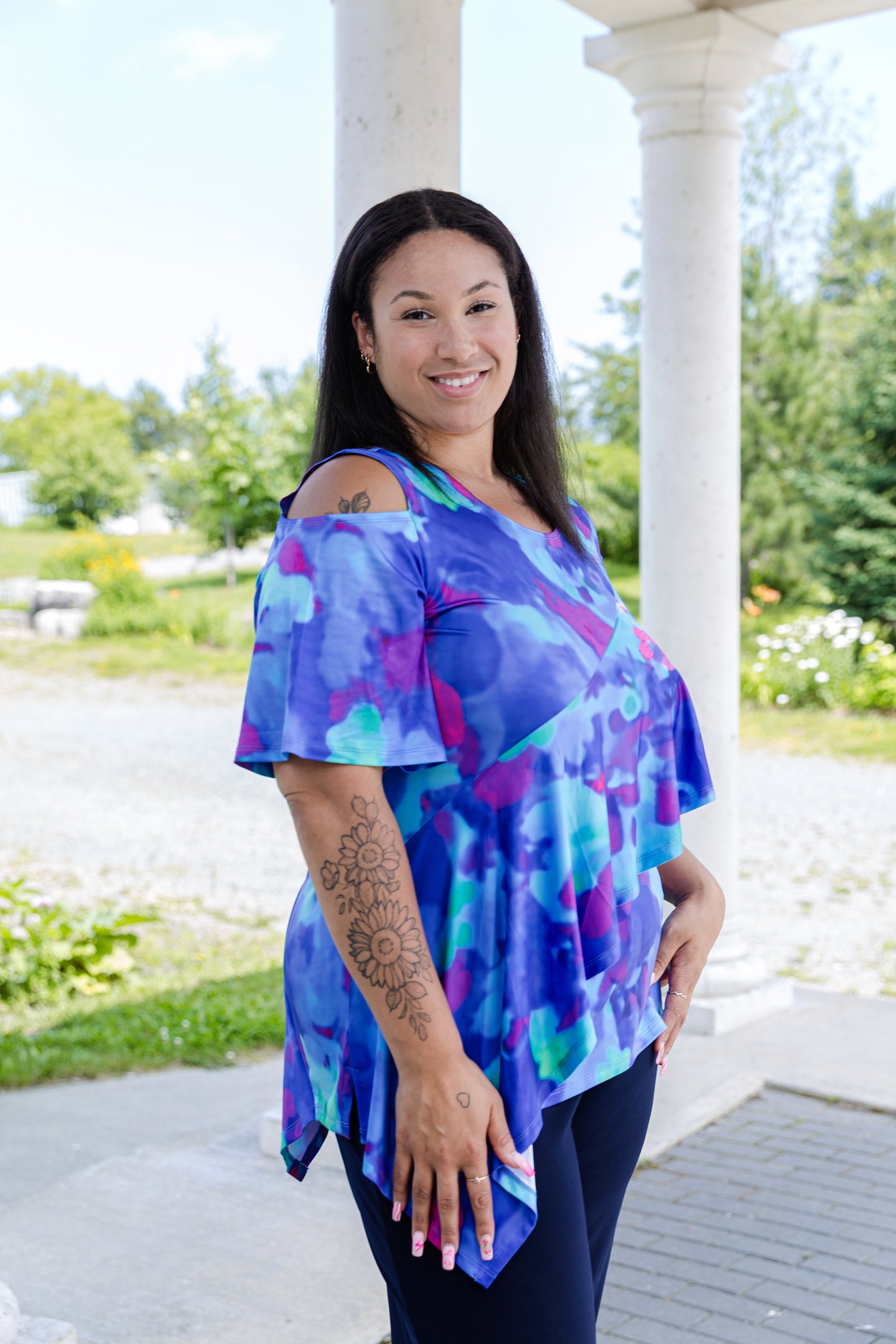 Black LABB Clothing | BL62-218 Whimsical Blue  Cold Shoulder Short Sleeve Top