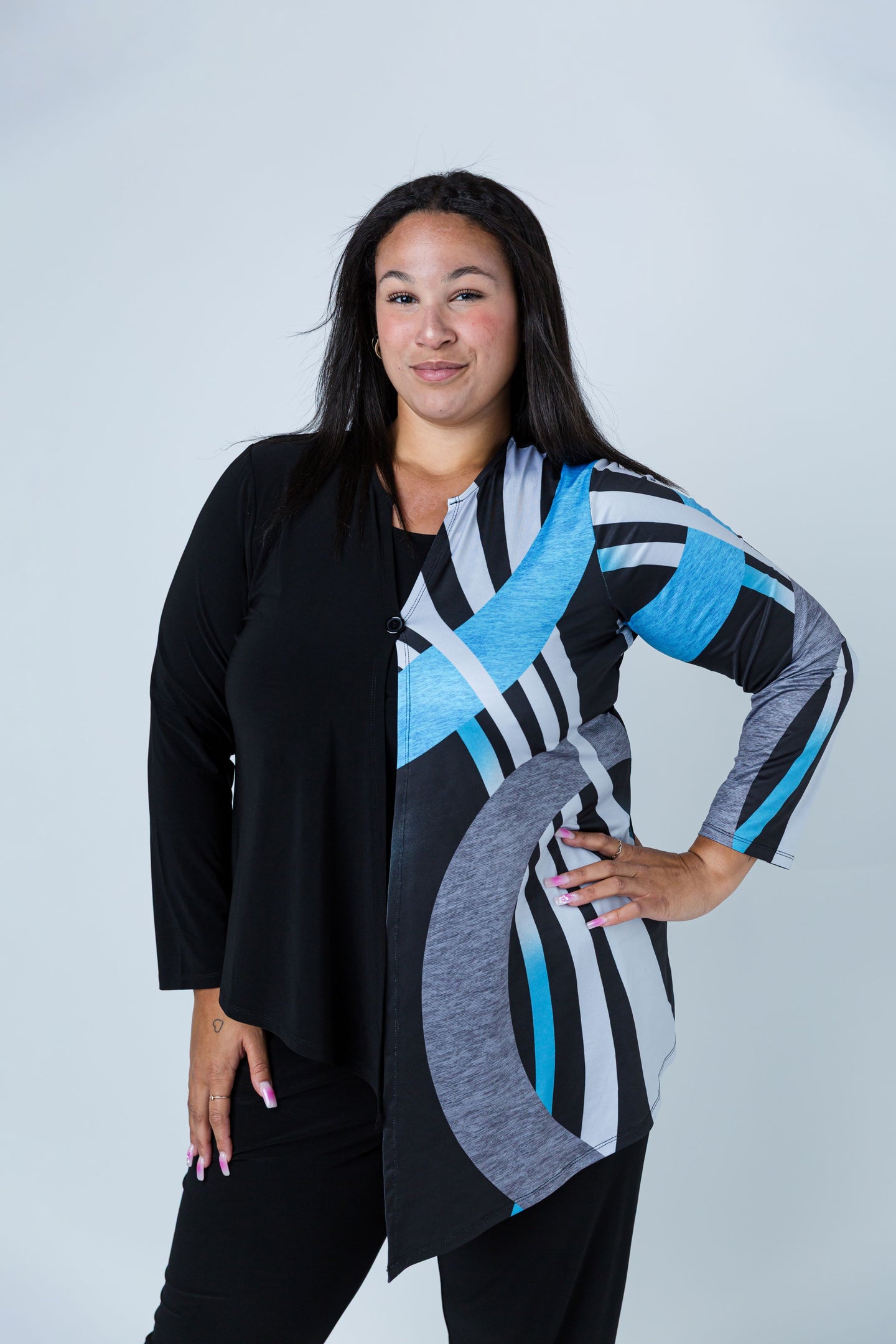 Black LABB Clothing | BL65-206 Black/Teal Swirl Asymmetric One Button Jacket