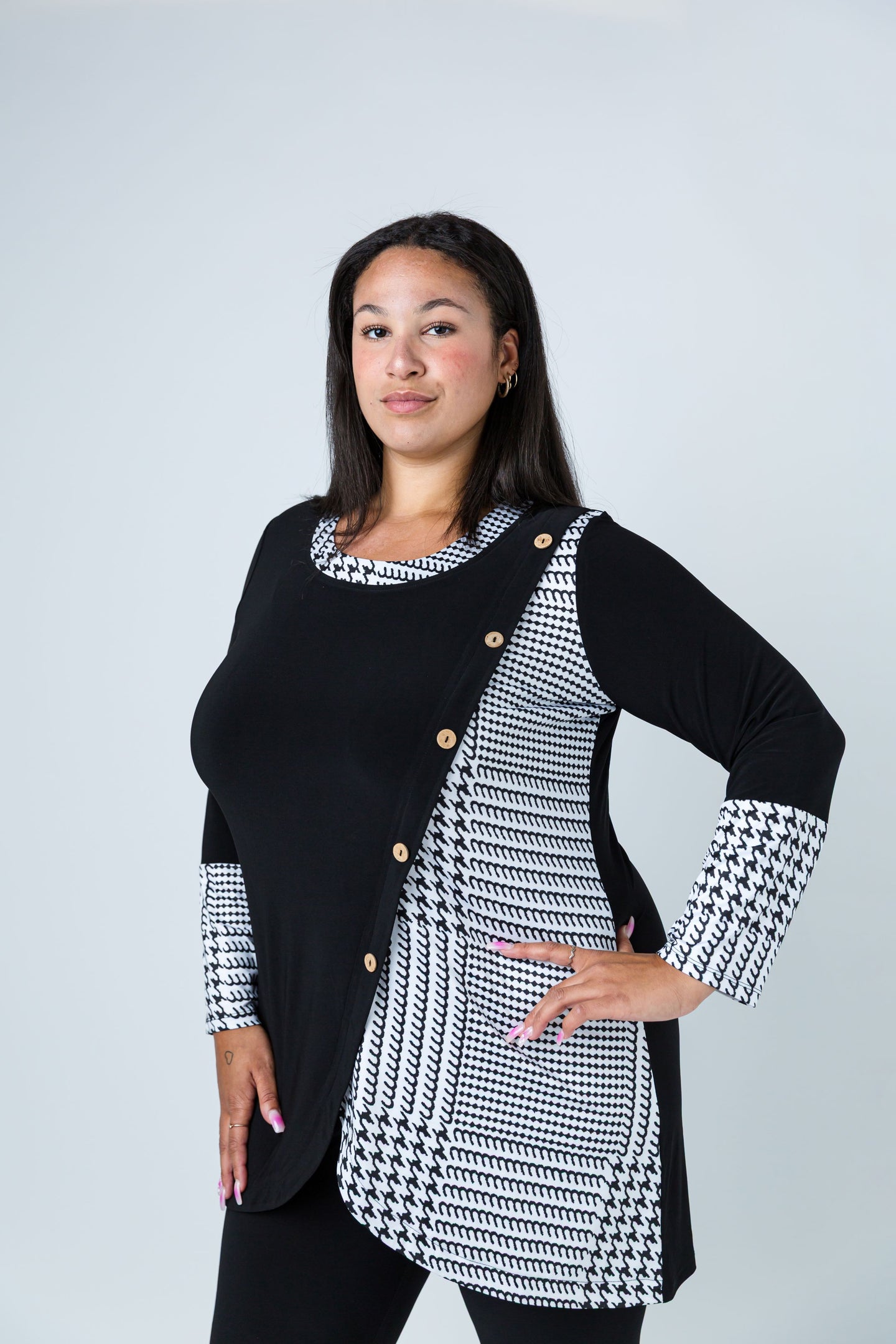 Black LABB Clothing | BL74-204 Houndstooth Combo Trim Neck Tunic