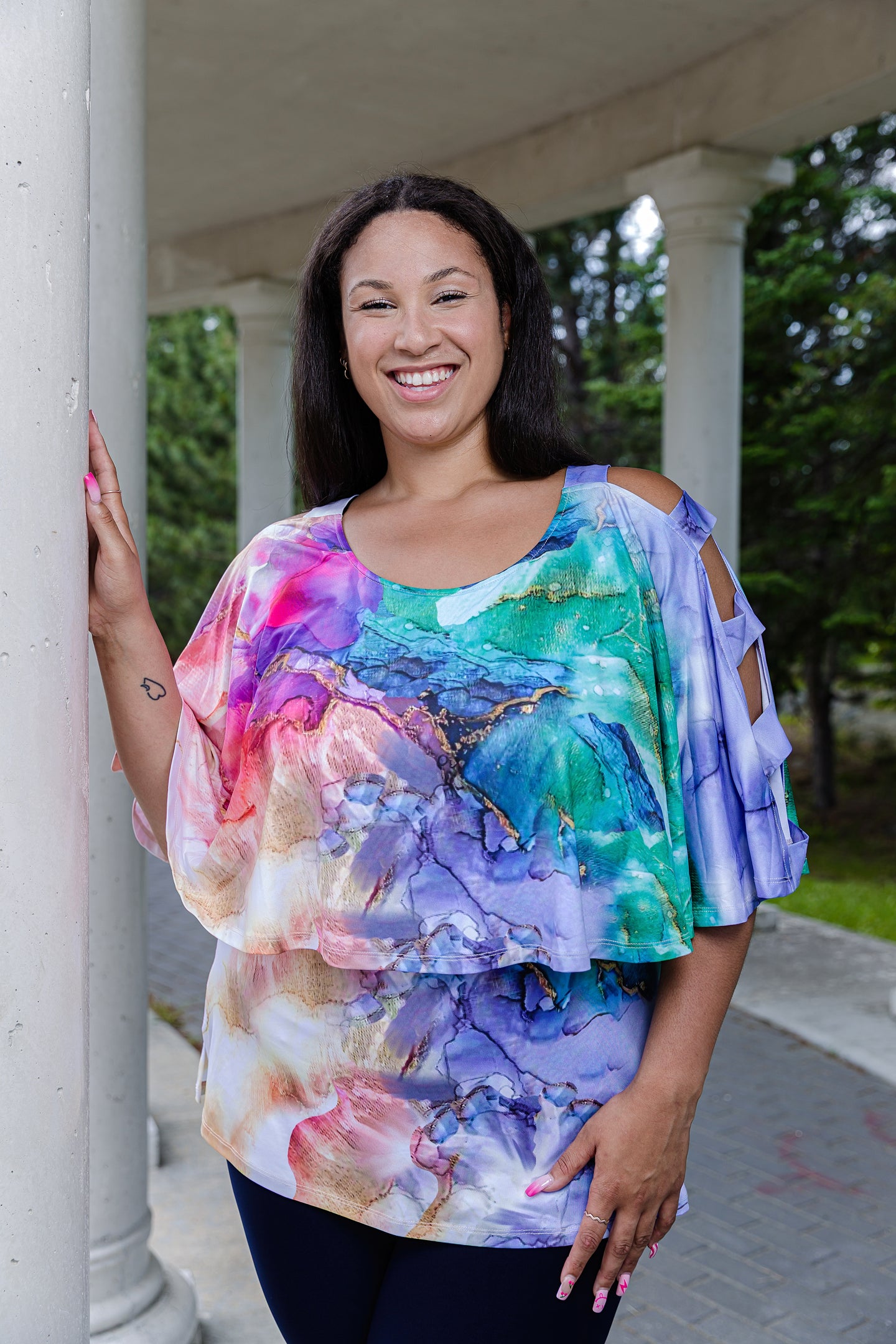 Black LABB Clothing | BL88-226 Coloured Marble Ladder Sleeve Overlay Top