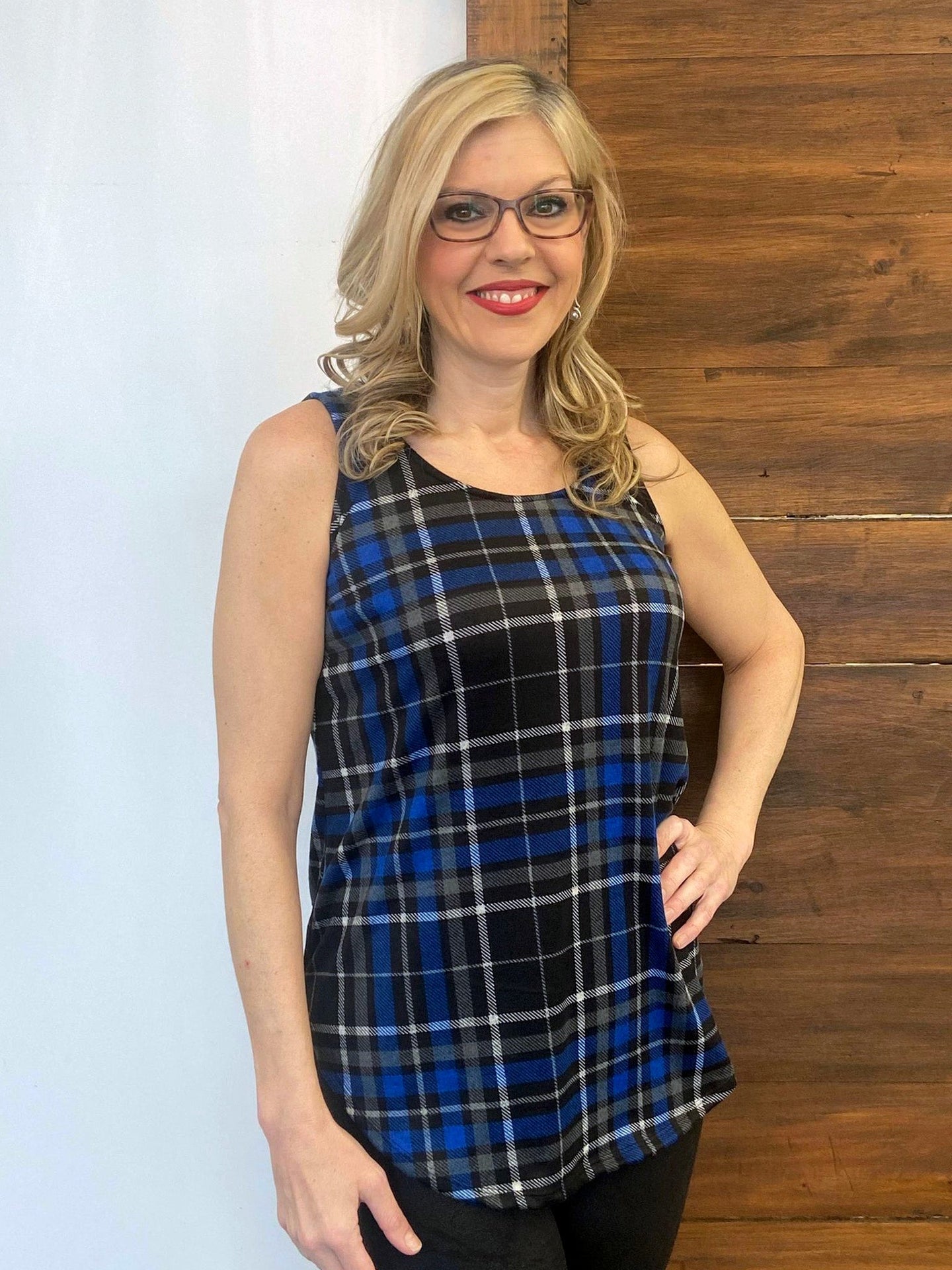 Perfect Blue Plaid Round Neck Tank